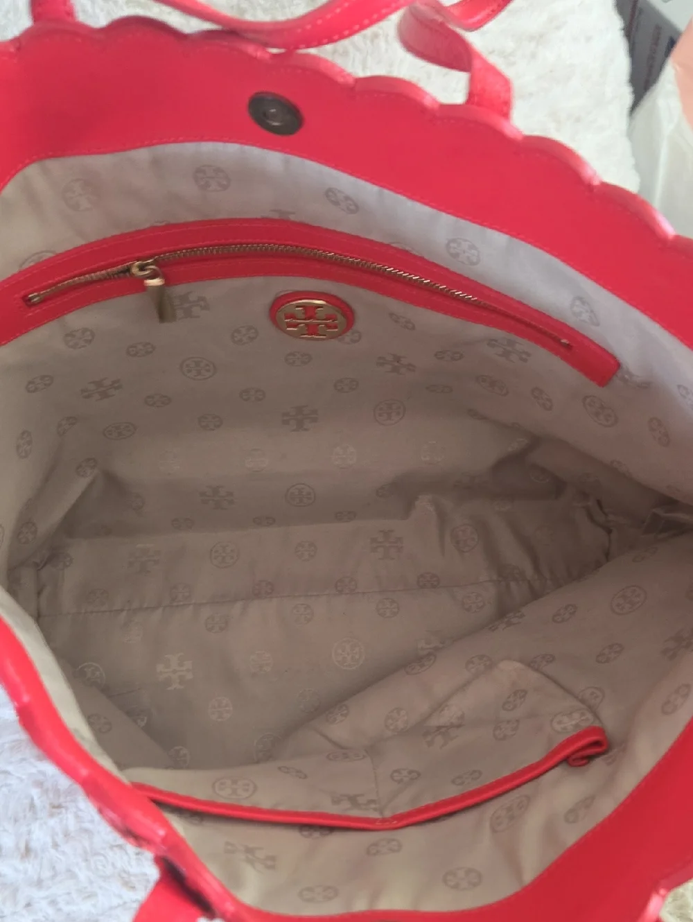 Tory Burch  Coral Red  LaserCut Tote Bag.  EUC